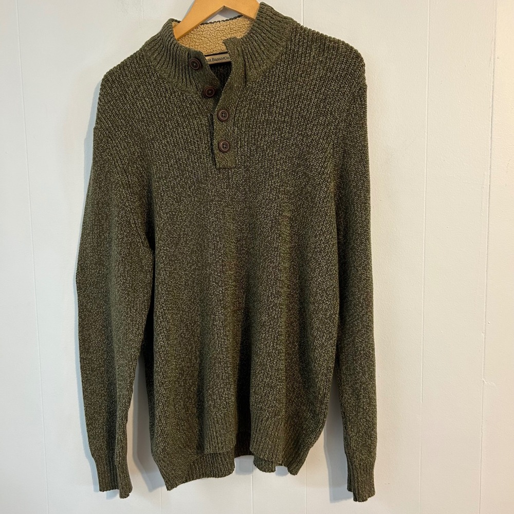 GH Bass & Co Mens Olive‎ Green Knit Sherpa Lined Mock Neck Sweater XL